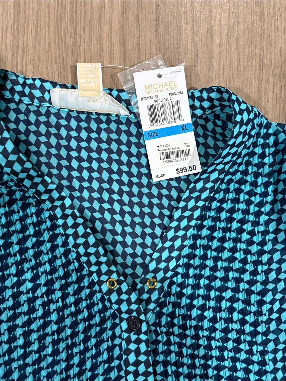 NWT SIZE XL Michael Kors Turquoise & Black Geometric Print Blouse